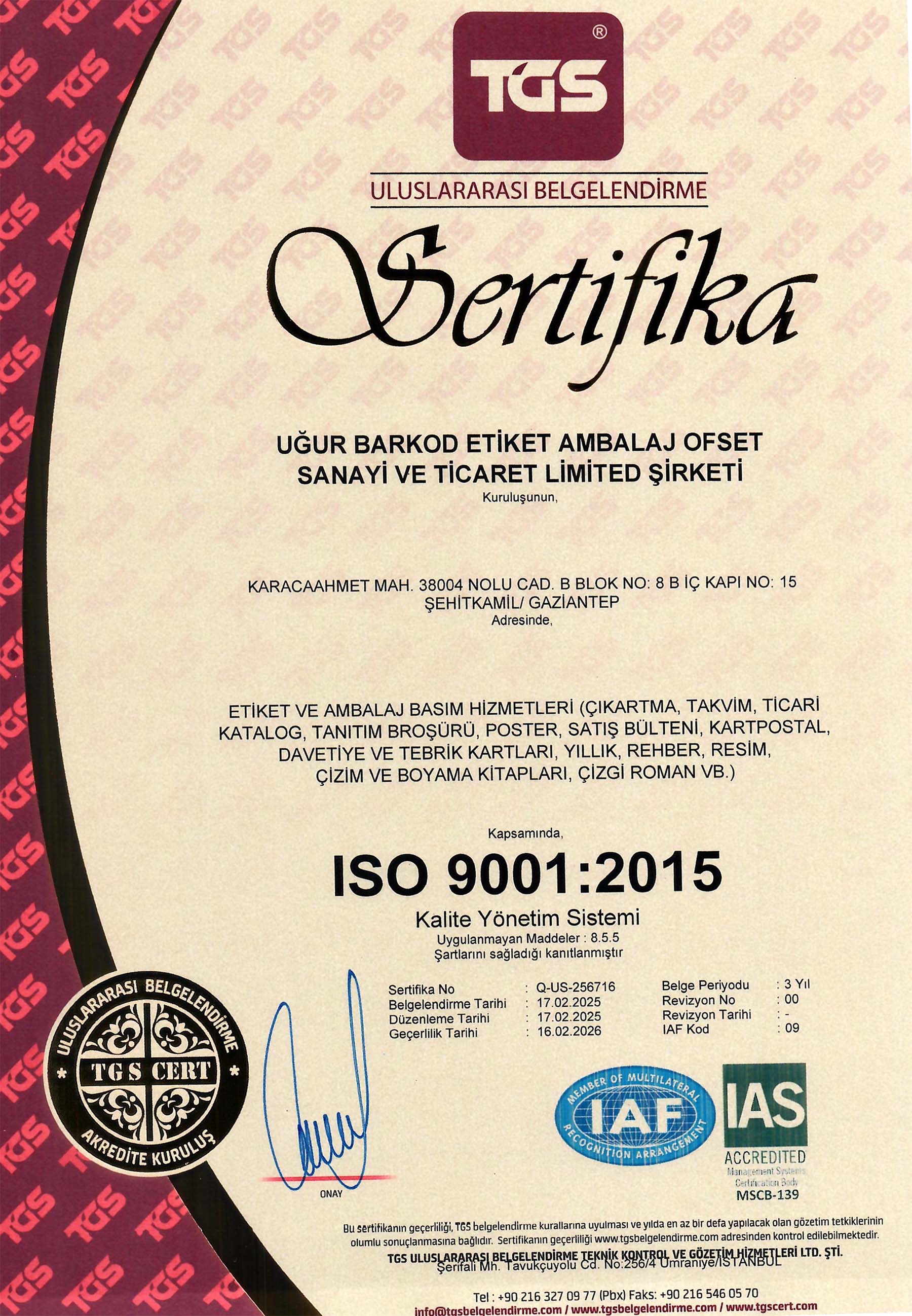ISO 9001:2015 Belgesi